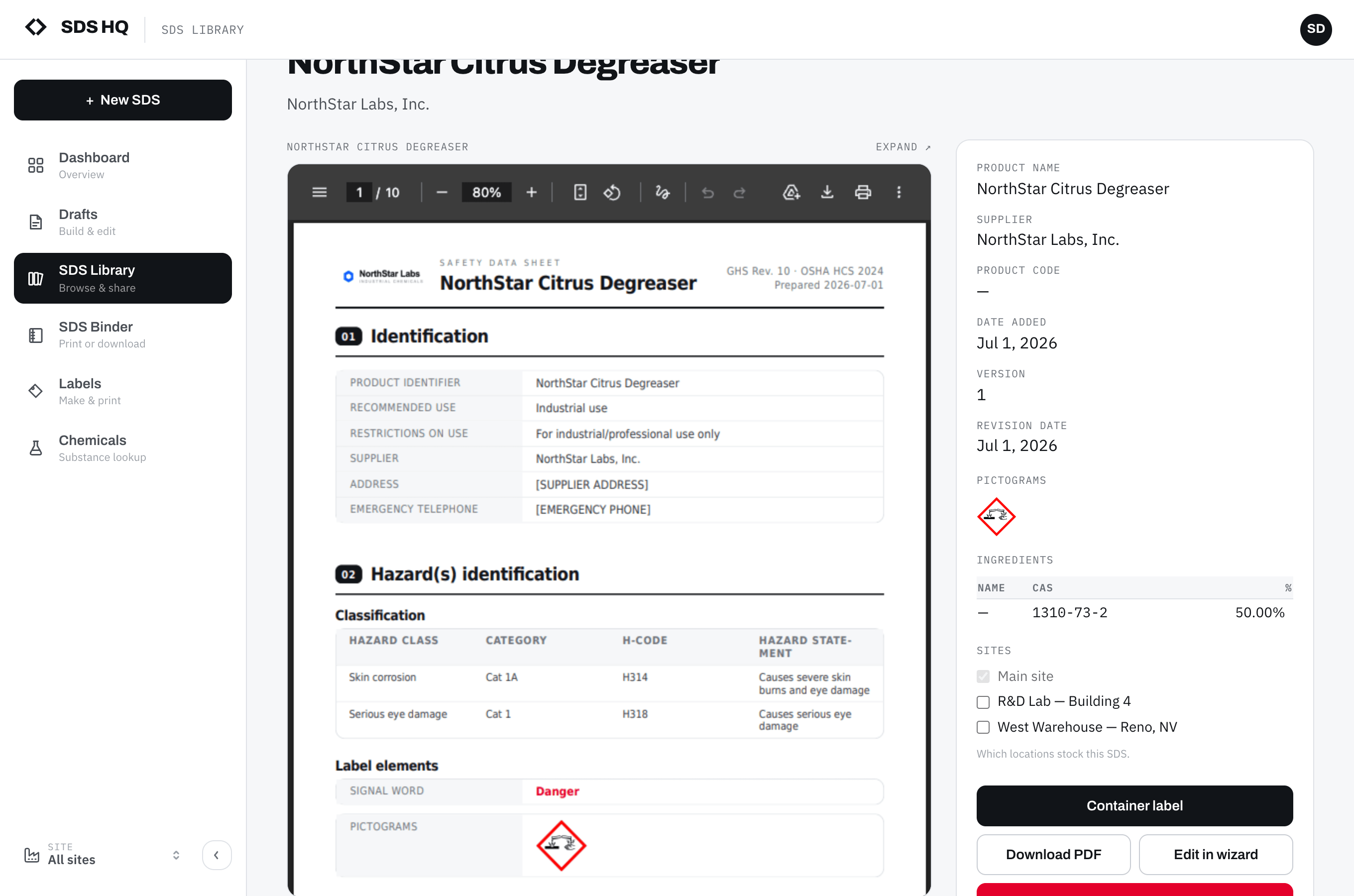 A generated SDS in the library with the company logo in the document header, alongside the sheet metadata panel