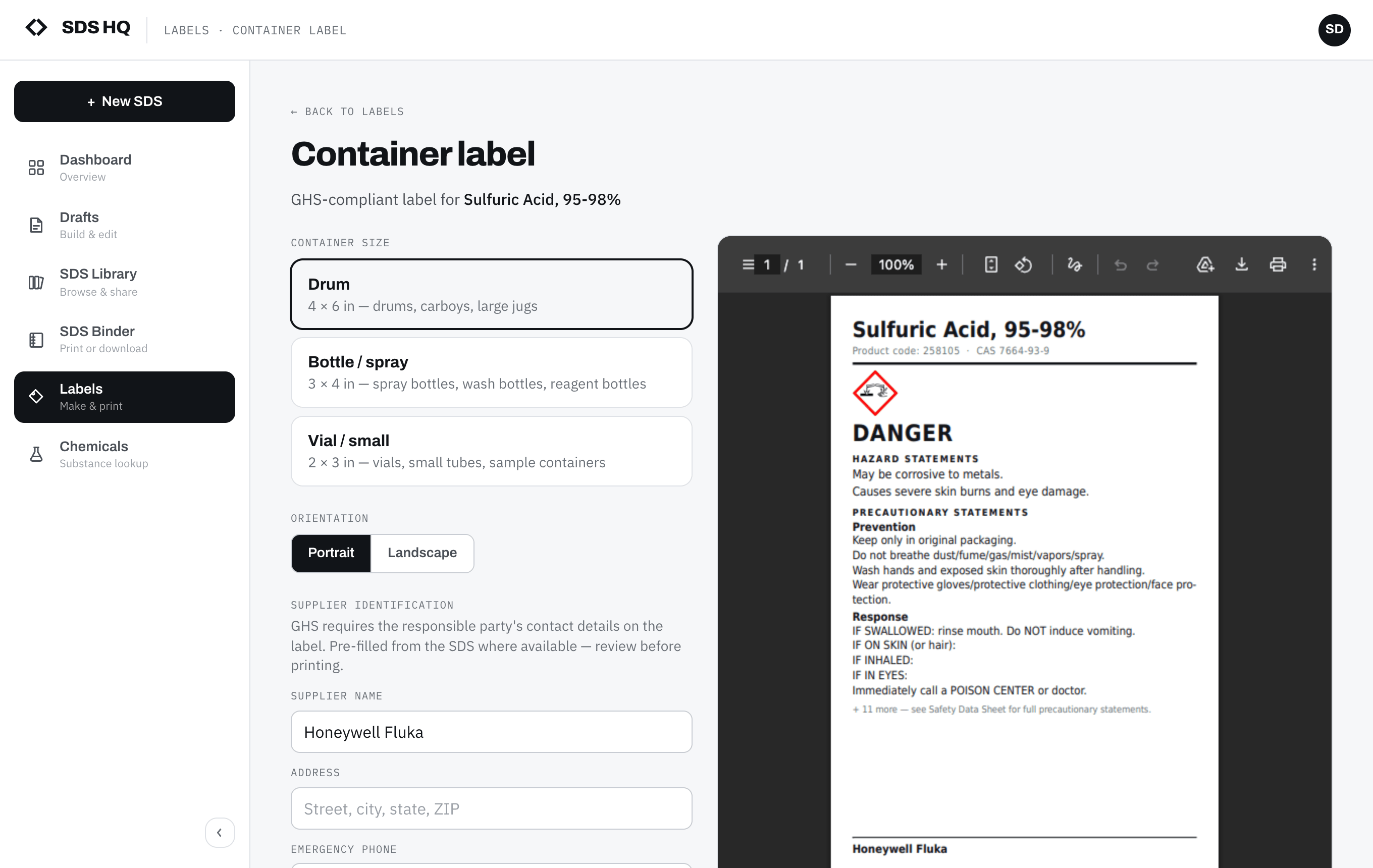 The GHS container-label generator with container-size options and a live label preview showing the DANGER signal word, pictogram, and hazard statements