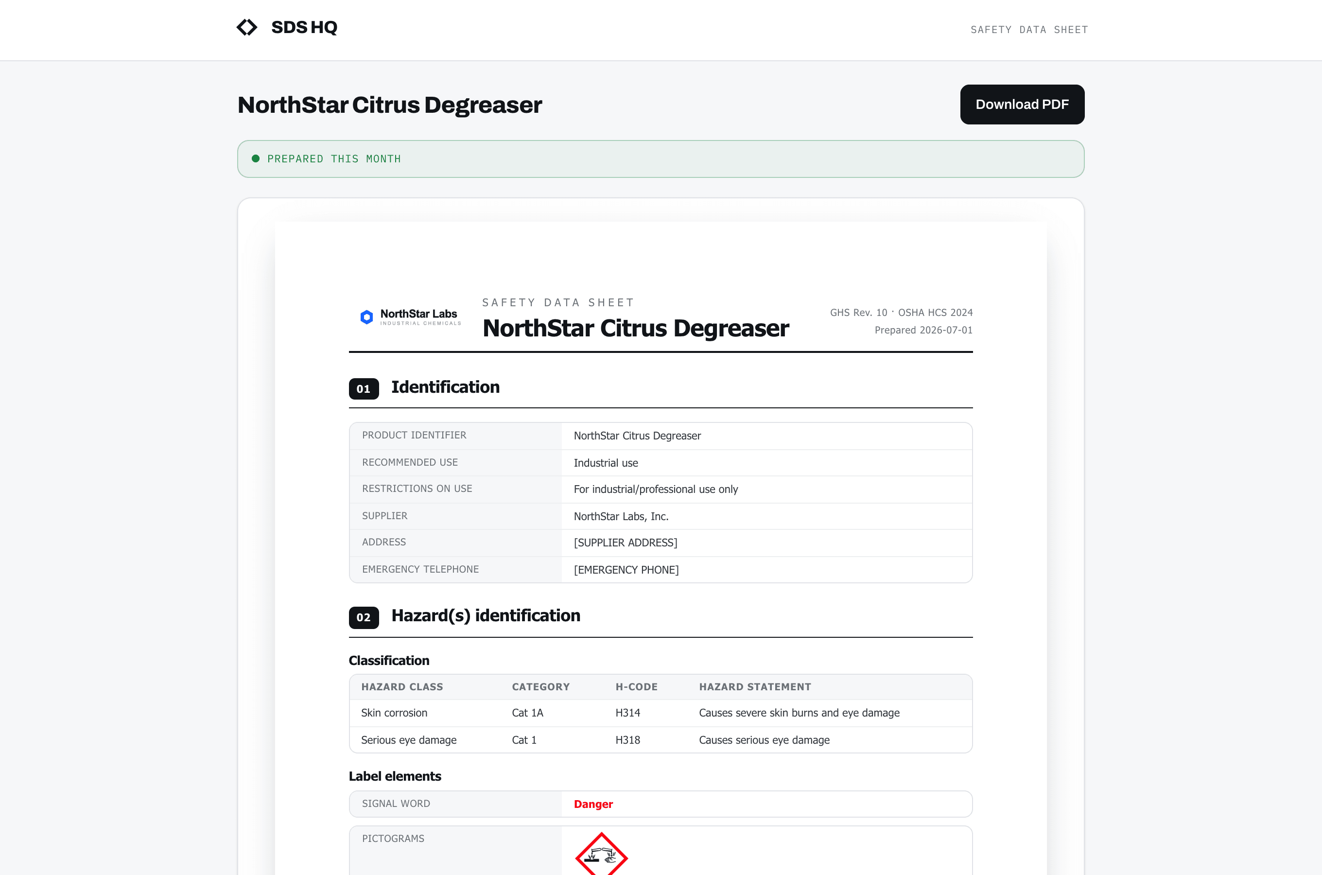 The public, no-login SDS page for a product, showing a freshness badge, a Download PDF button, and the full safety data sheet