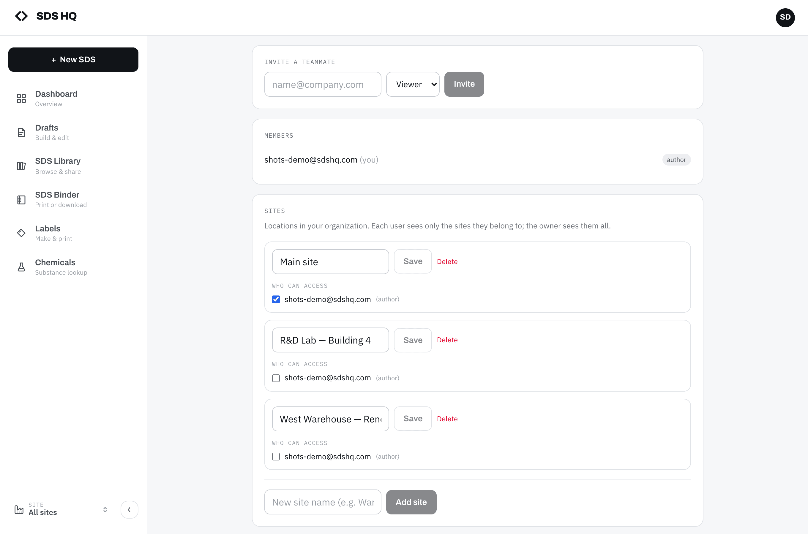 Organization settings showing multiple sites — Main site, R&D Lab, and West Warehouse — each with its own access list