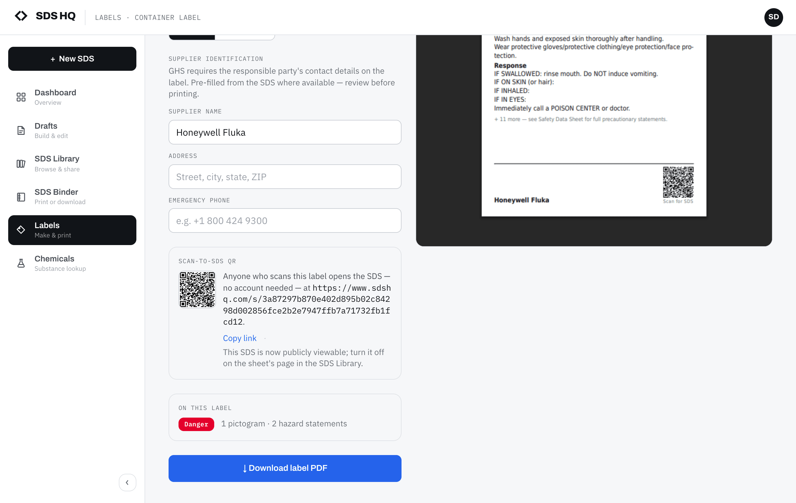 The container-label generator showing a scan-to-SDS QR code and the public sheet URL, with the QR also printed on the label preview