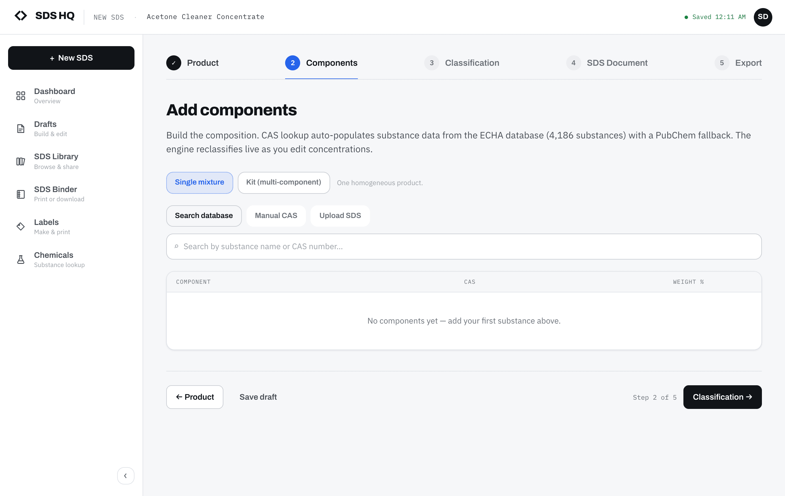 The SDS HQ authoring wizard on the Add components step, showing CAS-lookup search and the five-step Product / Components / Classification / SDS Document / Export flow