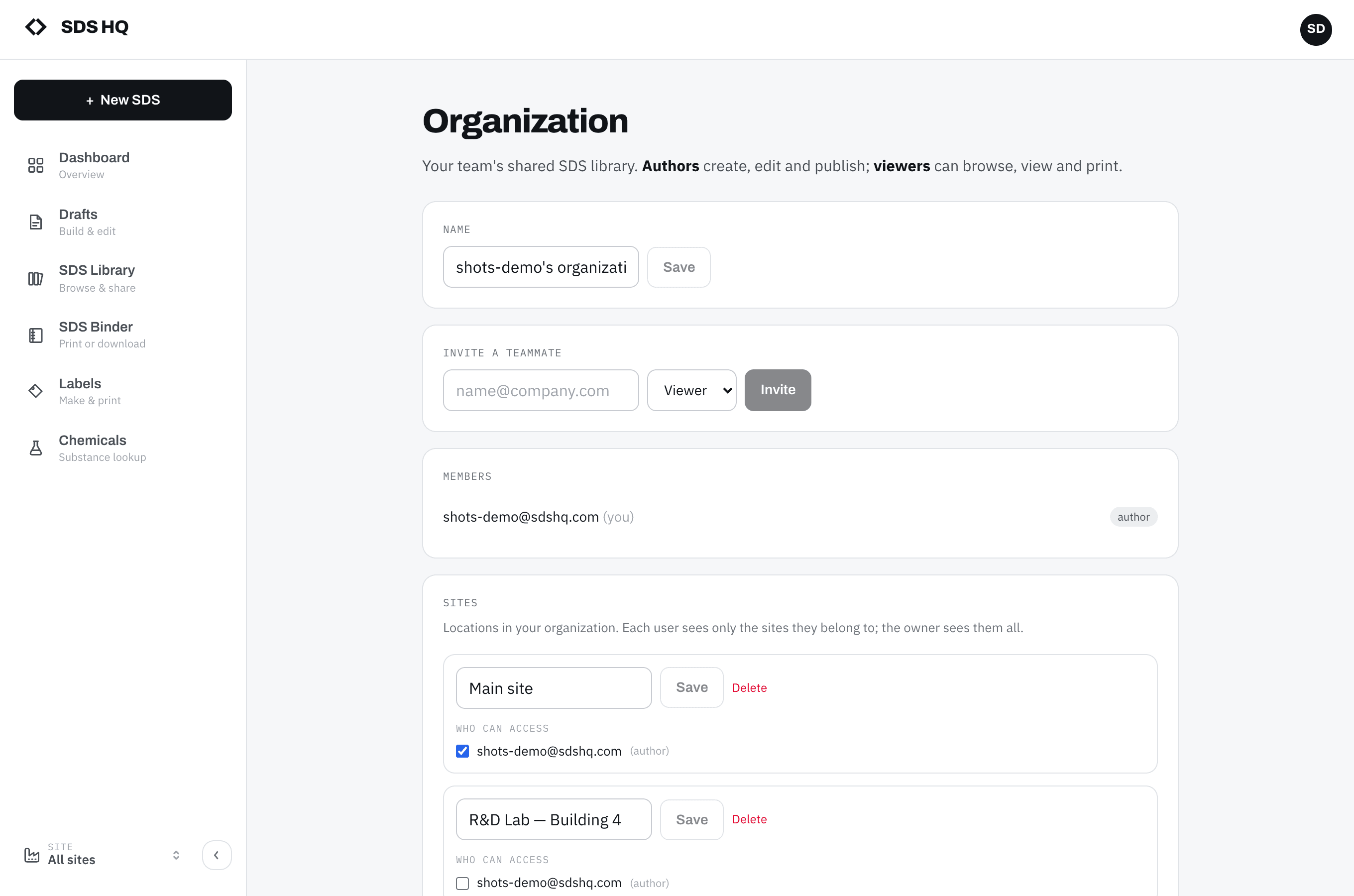 Organization page showing the invite control with a Viewer/Author role selector and the members list