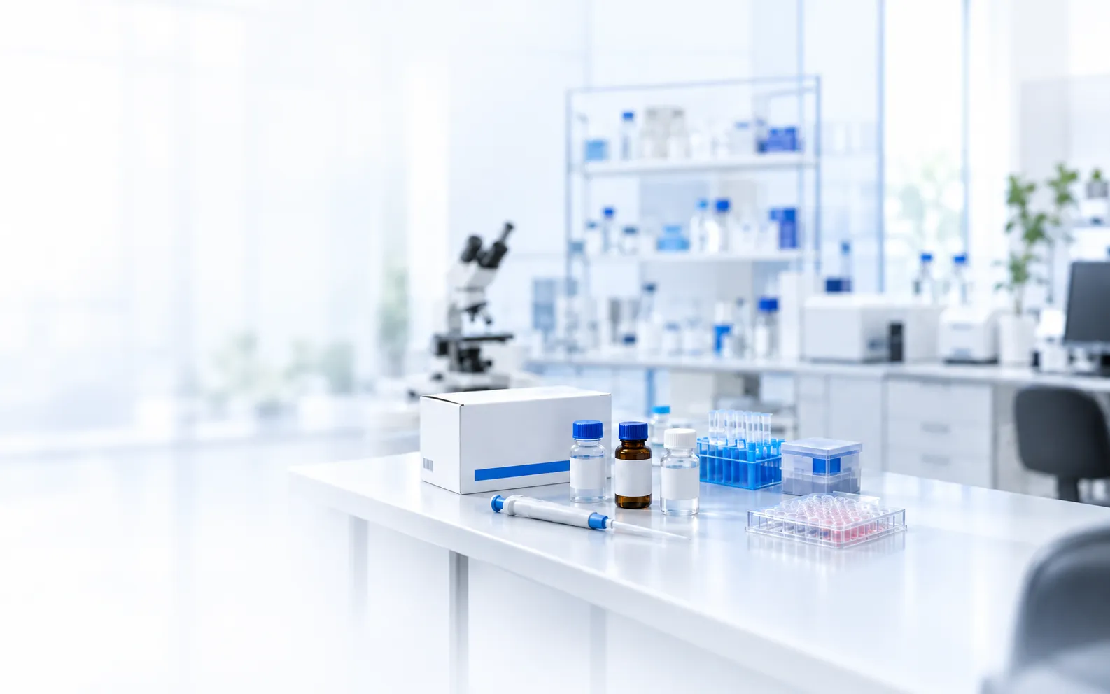A bright life-sciences laboratory bench with a microscope, reagent vials, pipettes and multiwell sample plates