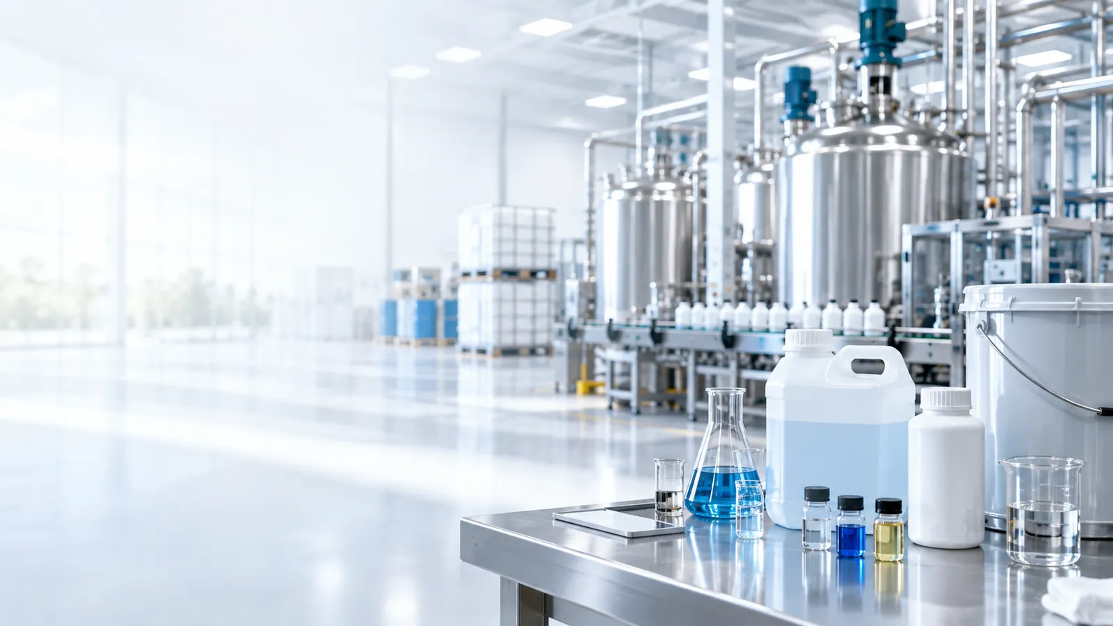 Stainless reactor vessels and IBC totes on a chemical plant floor, with jugs, reagent bottles and a flask of blue liquid staged on a bench in the foreground