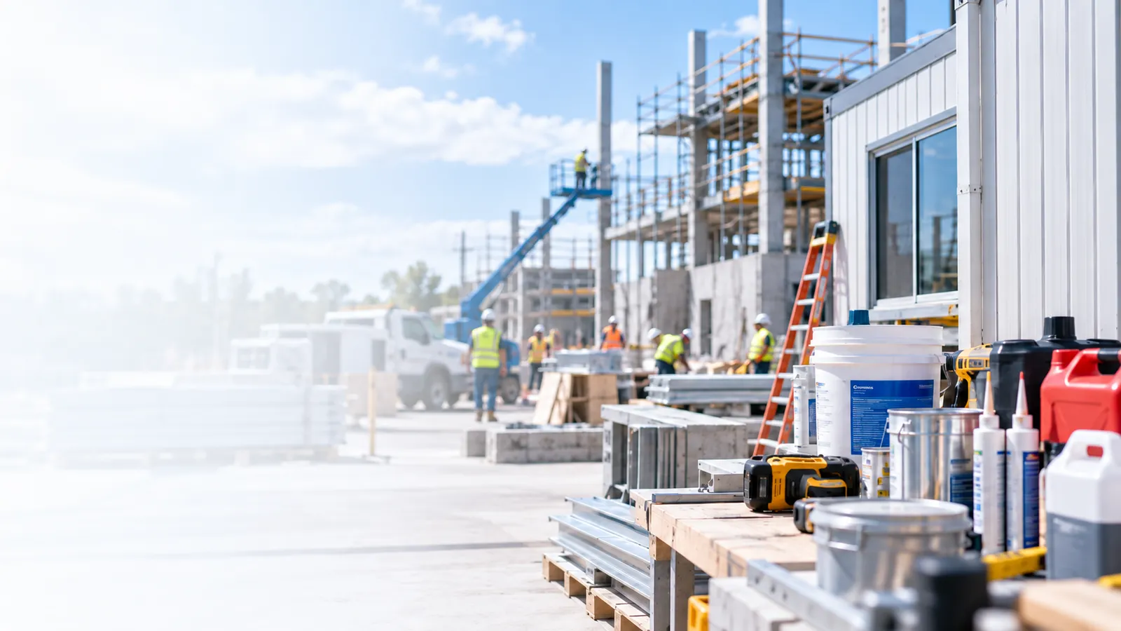 A construction site with crews working on a steel-framed building, and pails, adhesives, sealants and fuel cans staged on pallets in the foreground