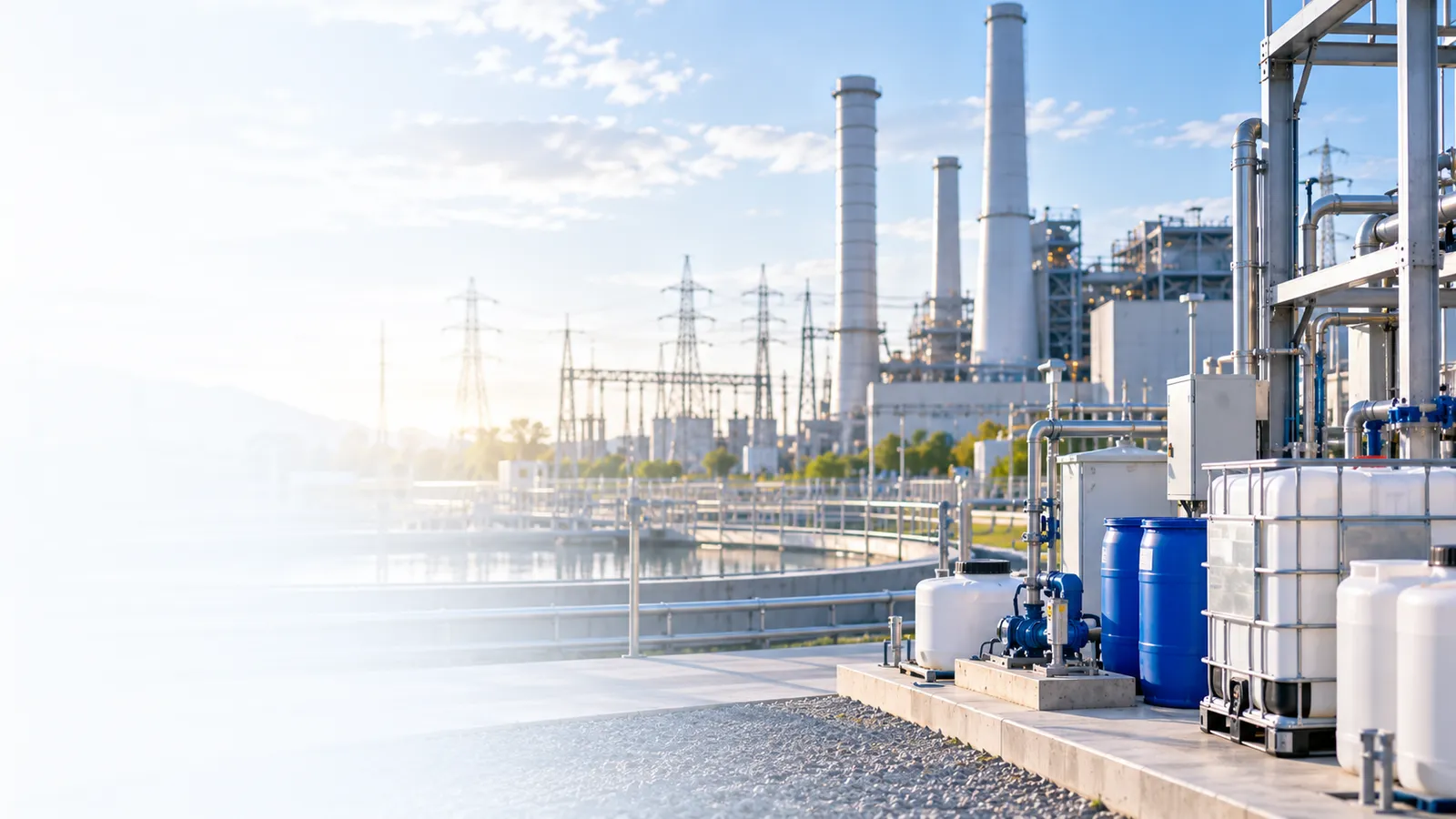 A power generation plant with stacks and transmission lines behind a chemical dosing skid of totes, drums and tanks