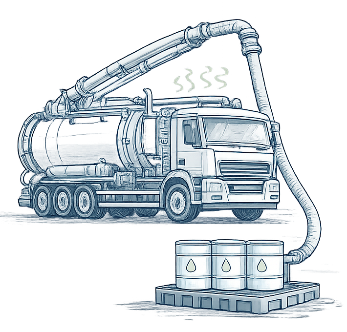 Illustration of an industrial vacuum truck pumping into drums on a pallet