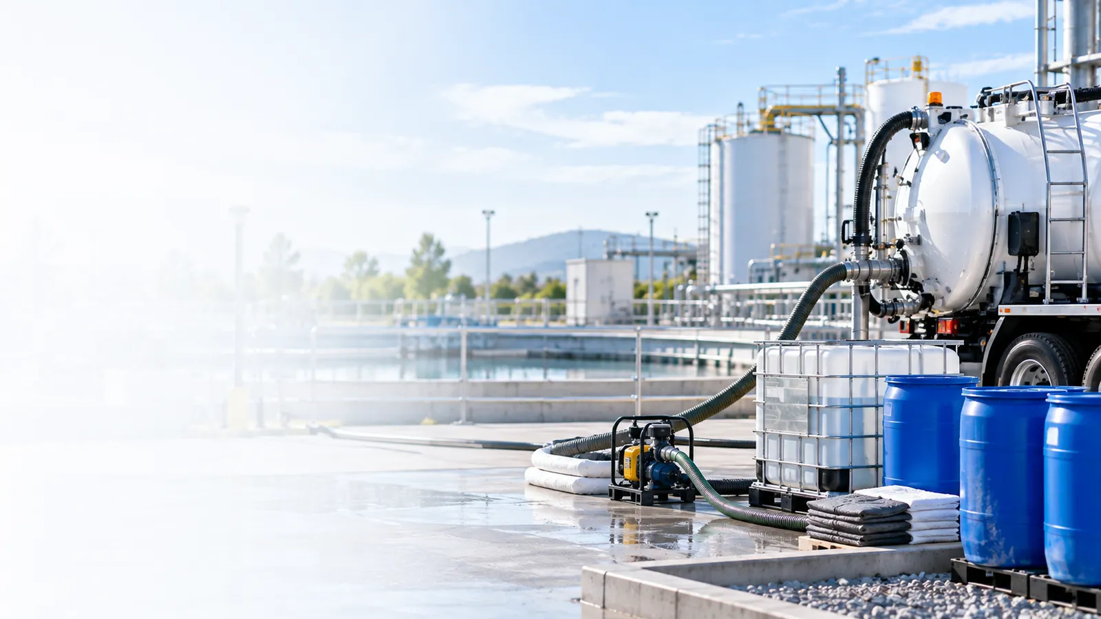 A vacuum tanker truck at a wastewater treatment plant pumping through a hose, beside an IBC tote and blue drums