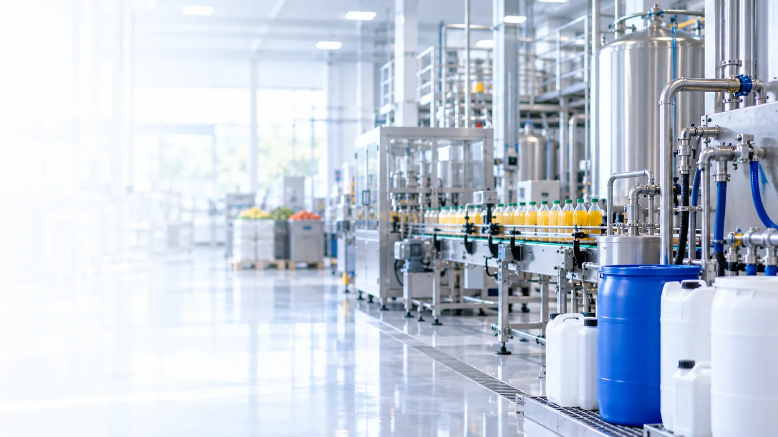 A beverage bottling line filling juice bottles, with sanitation drums and chemical jugs staged alongside the conveyor