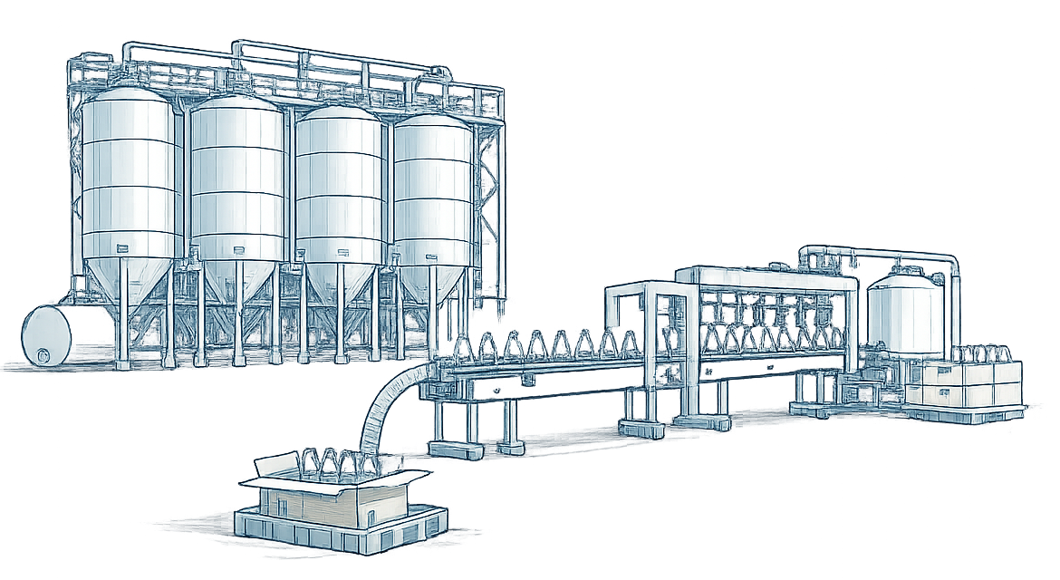 Illustration of food-plant silos feeding a processing and packing line