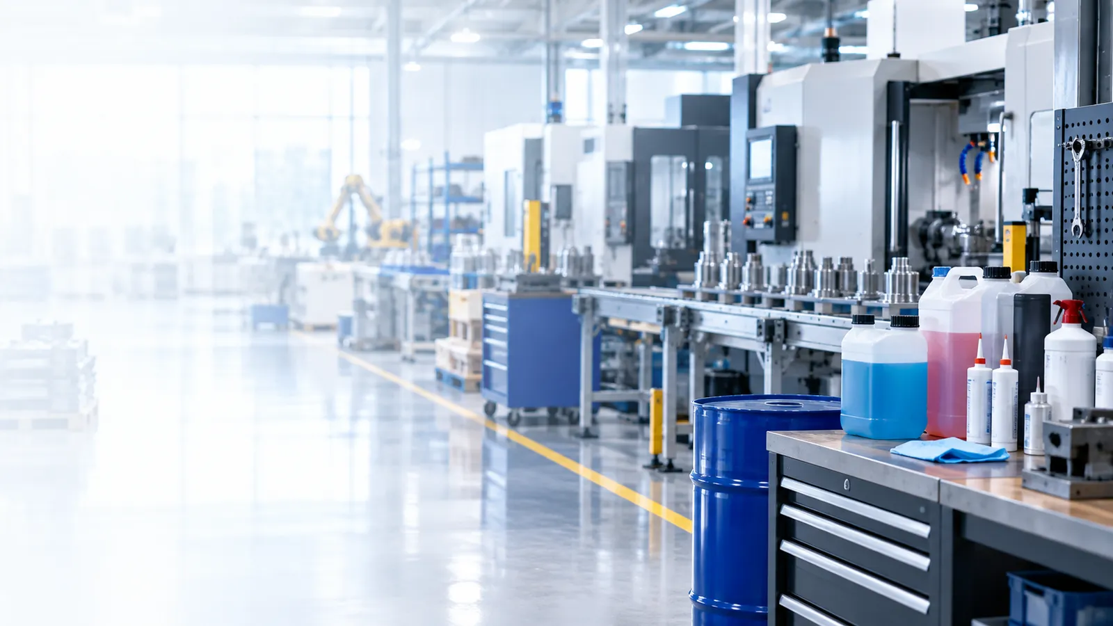 A machining line in a manufacturing plant, with a drum and bottles of cutting and cleaning fluids on a tool cabinet in the foreground