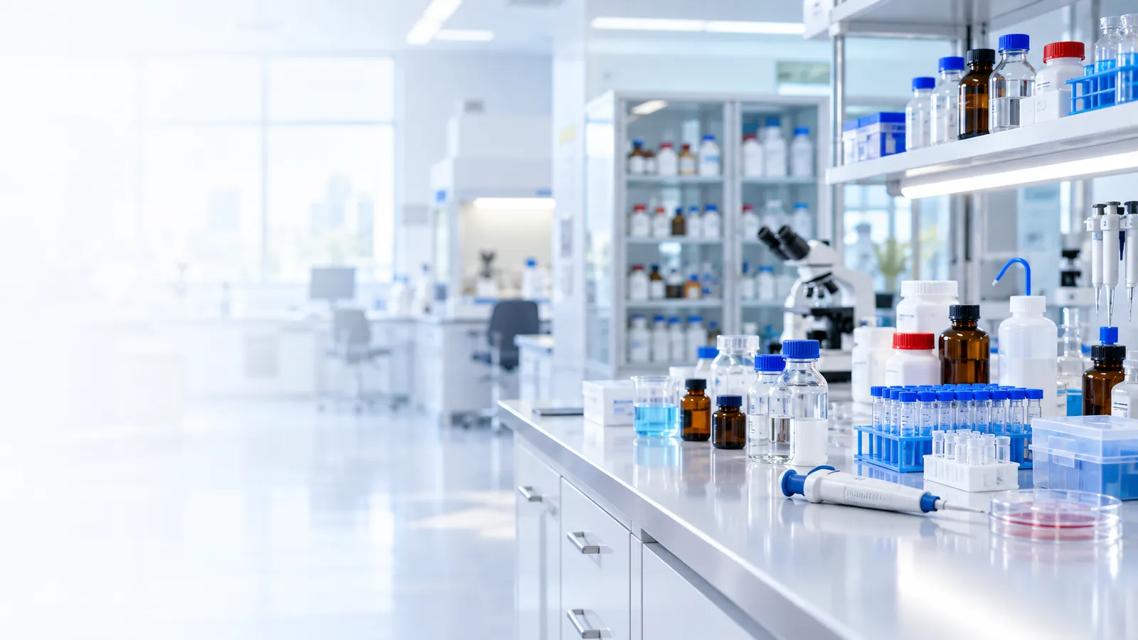 A research laboratory bench lined with amber and white reagent bottles, sample racks, pipettes and a microscope